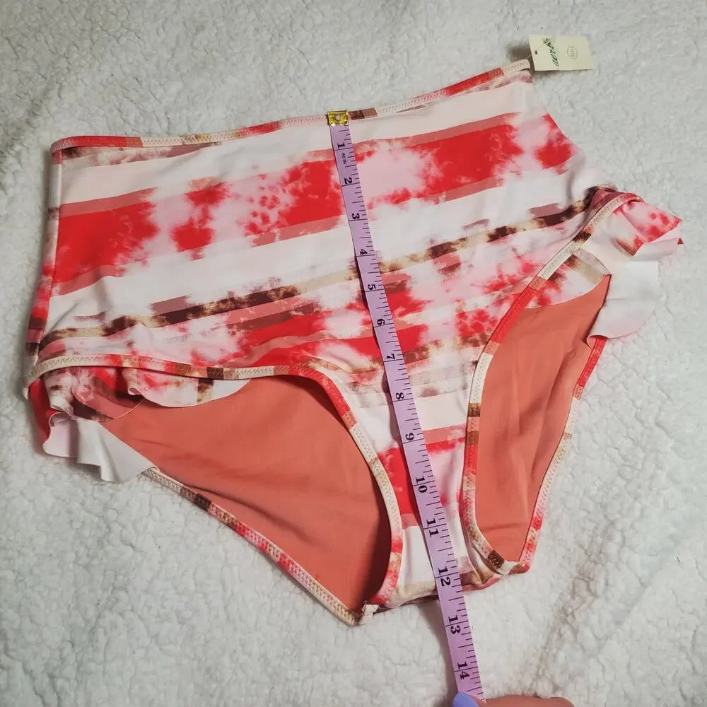 Aerie High Waisted Full Coverage Ruffle Tie Dye Pink Bikini Swim Bottoms NWT M - Picture 12 of 13